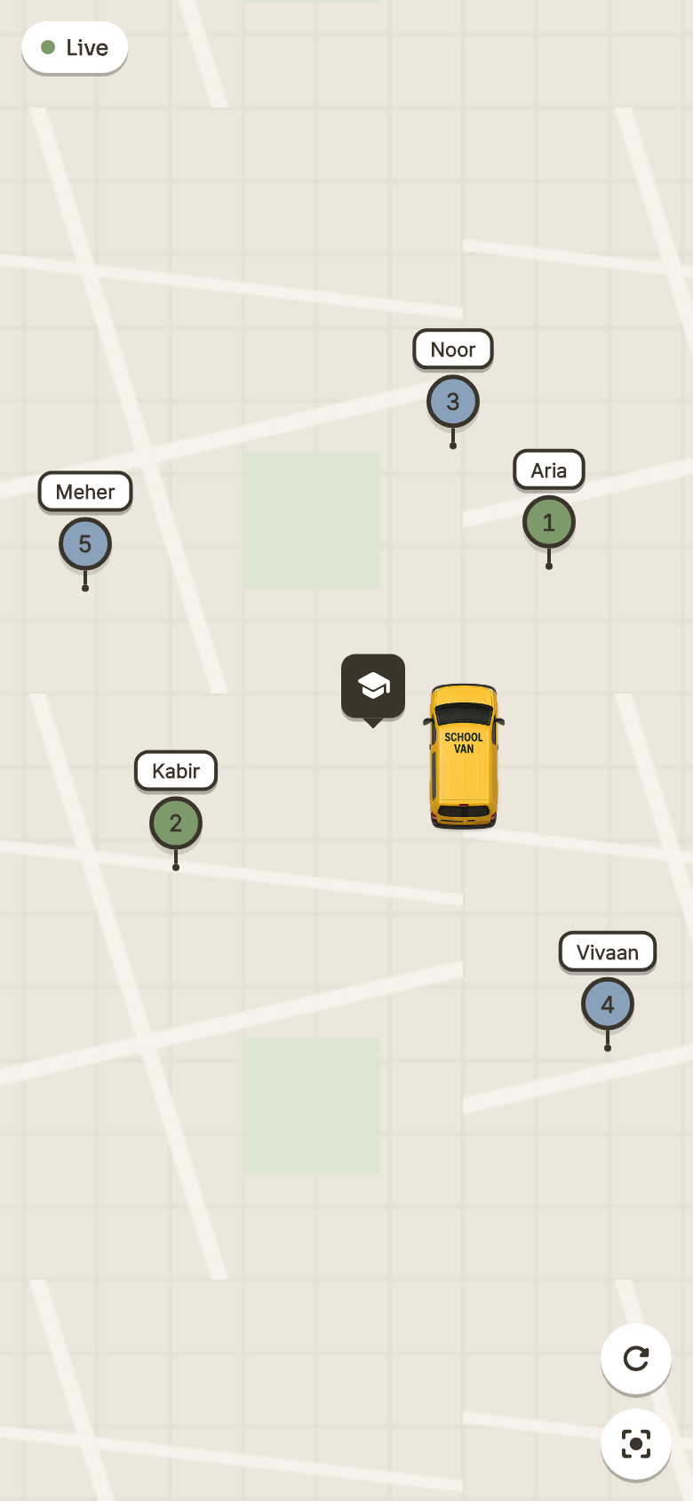 The parent's live map: the school van on its route, tracked by GPS, two children dropped and the rest still to go