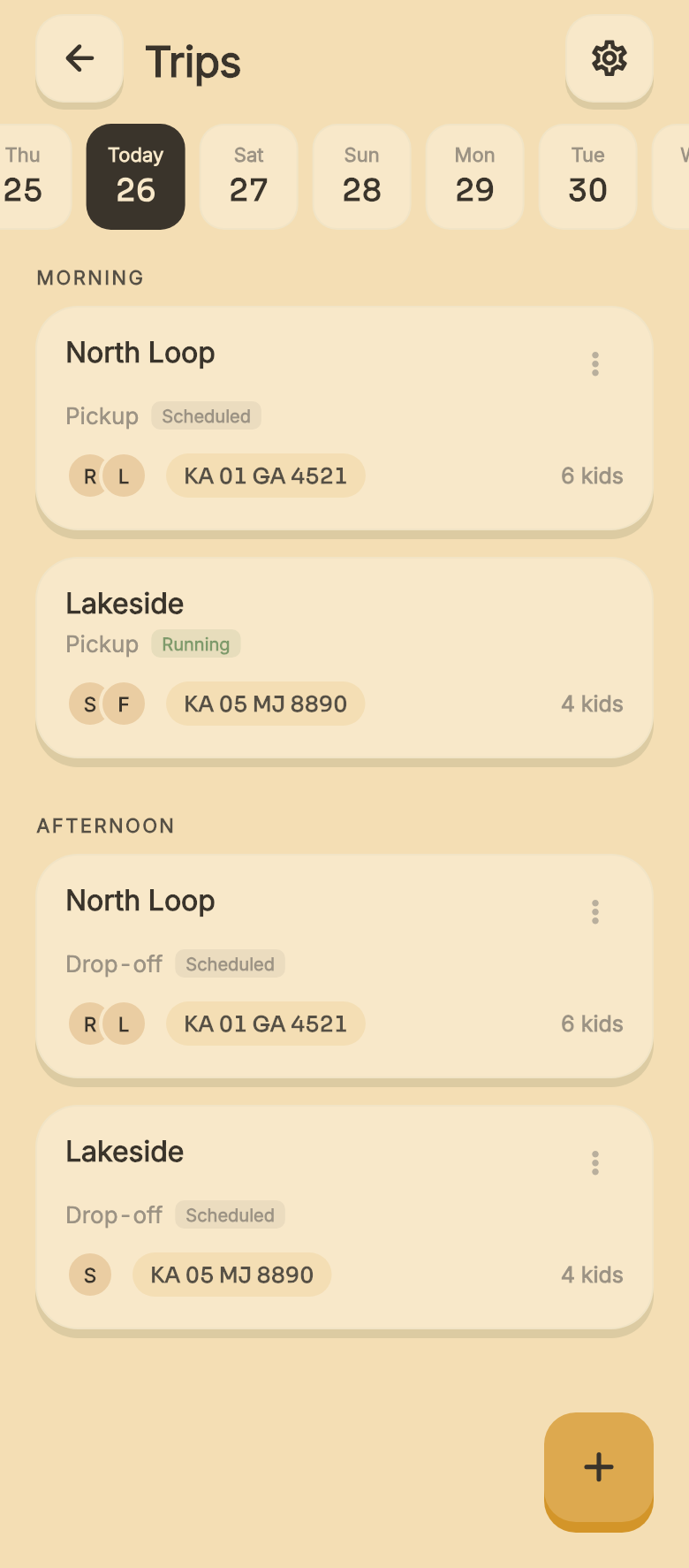 The day's trips: morning pickups and afternoon drop-offs, per van